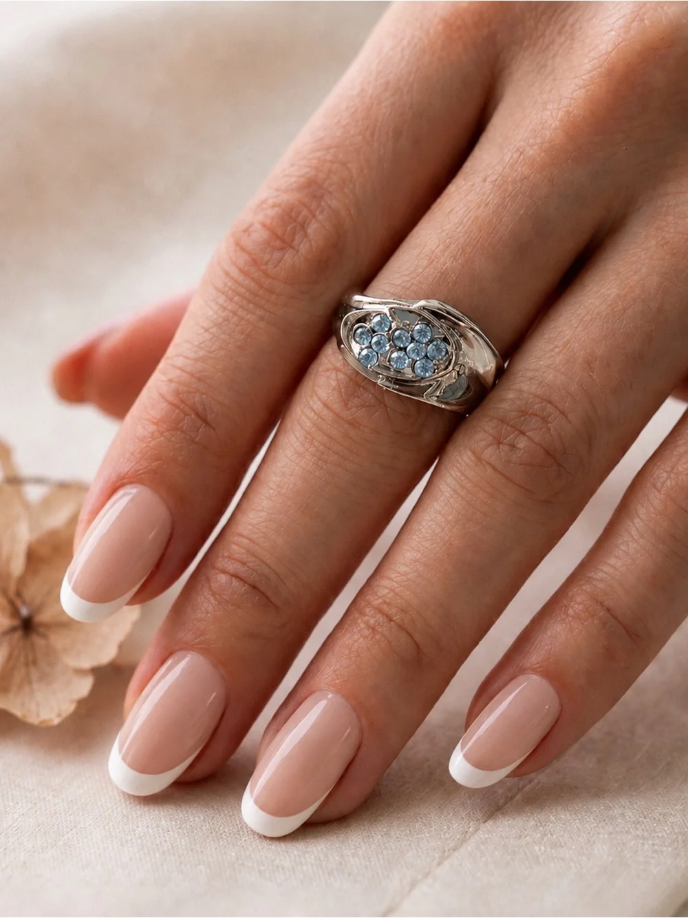 Aquamarine Blue Crystal Rhinestones Statement Ring Silver Facet Cluster Cocktail